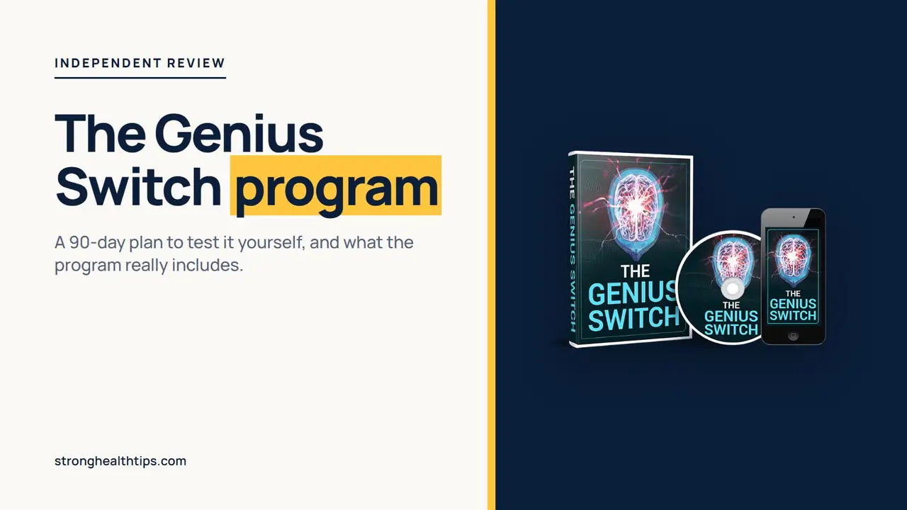 The Genius Switch program: headline beside a product mockup of The Genius Switch audio track on a navy panel