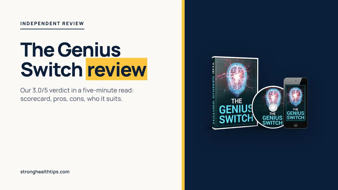 The Genius Switch review: headline beside a product mockup of The Genius Switch audio track on a navy panel