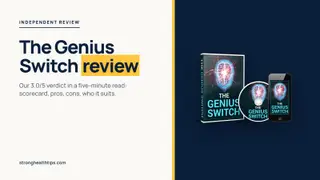 The Genius Switch review: headline beside a product mockup of The Genius Switch audio track on a navy panel
