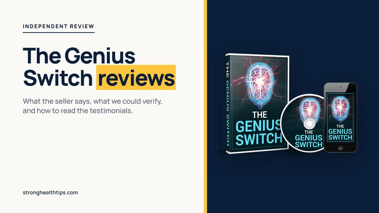 The Genius Switch reviews: product mockup of The Genius Switch audio track on a navy panel