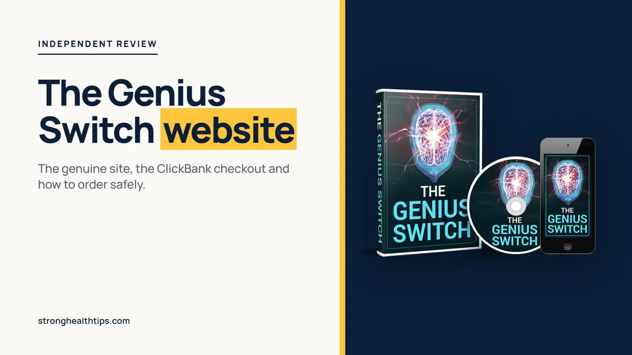 The Genius Switch website: product mockup of The Genius Switch audio track on a navy panel
