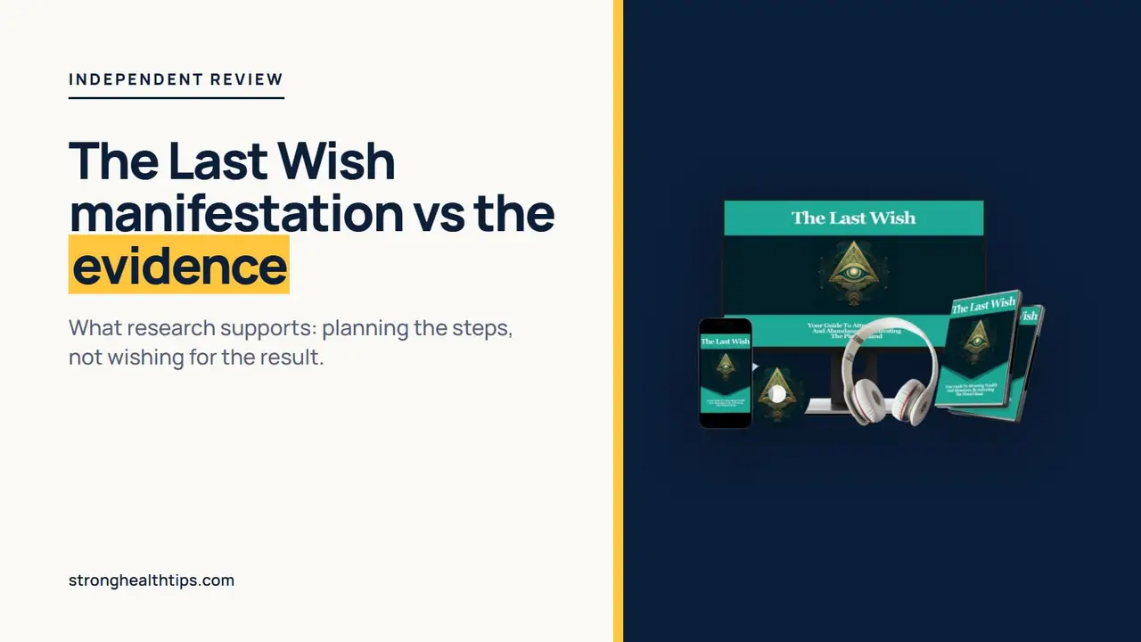 The Last Wish manifestation claims vs the evidence: a headline on cream beside the seller's product mockup on a navy panel