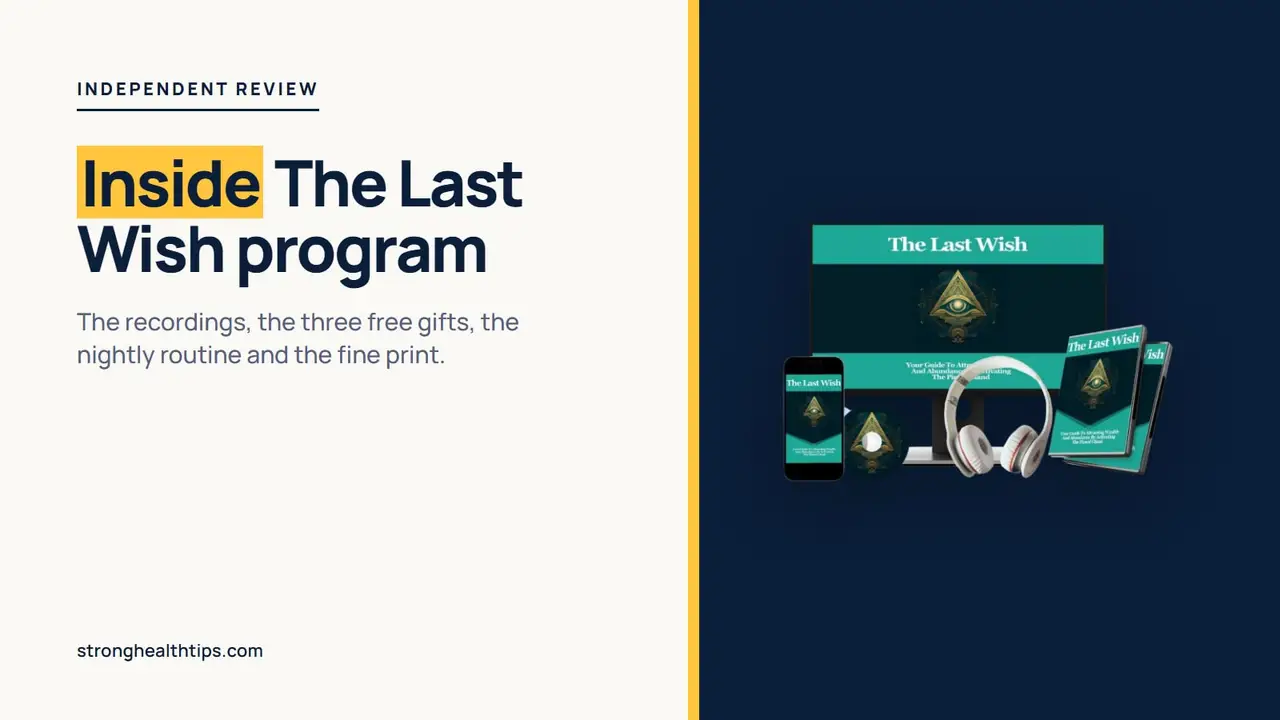 The Last Wish program: seller's mockup of a monitor, phone, headphones and disc cases on a navy panel