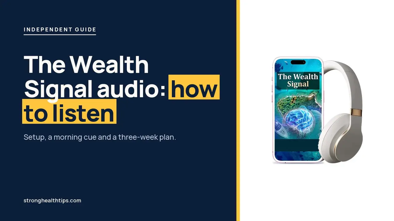 The Wealth Signal audio listening guide: headline on navy beside the phone and headphones mockup