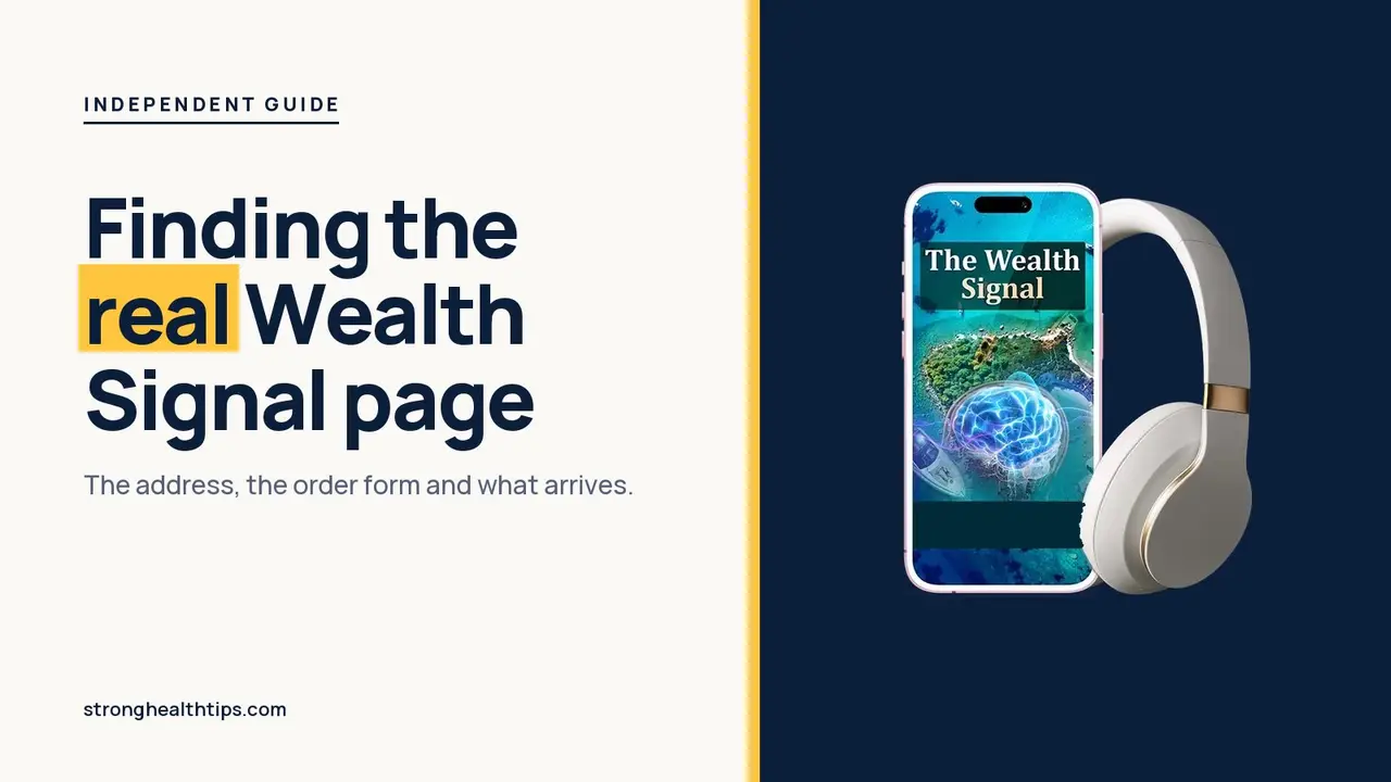 The Wealth Signal official website guide: real-page headline on cream beside the phone and headphones mockup