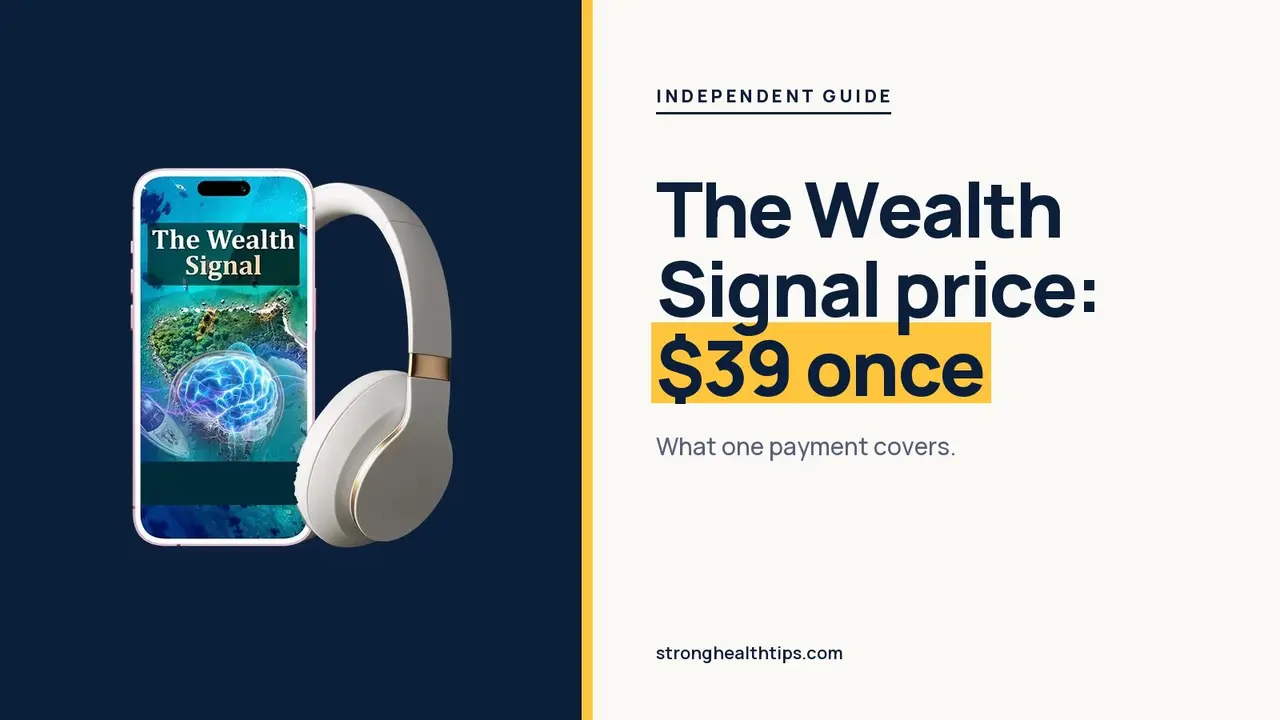 The Wealth Signal price: headline showing a one-time $39 beside the phone and headphones mockup on navy and cream
