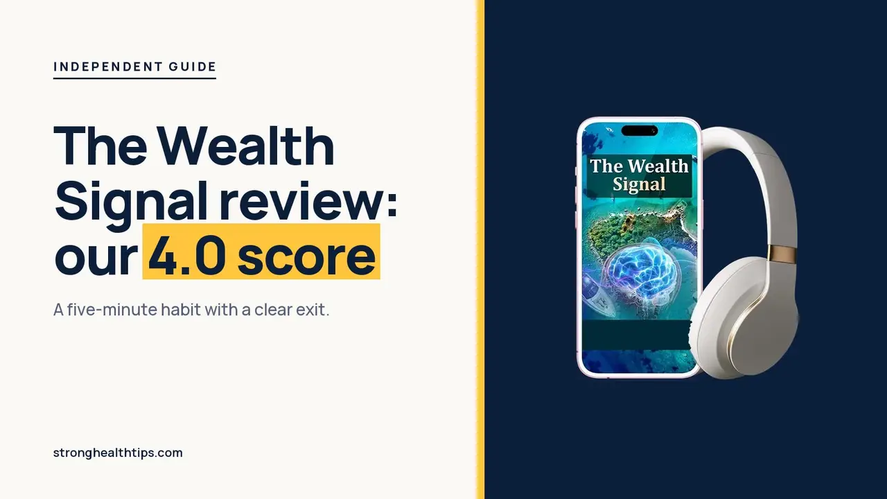 The Wealth Signal review: headline with our 4.0 score beside the phone and headphones mockup on a cream and navy layout