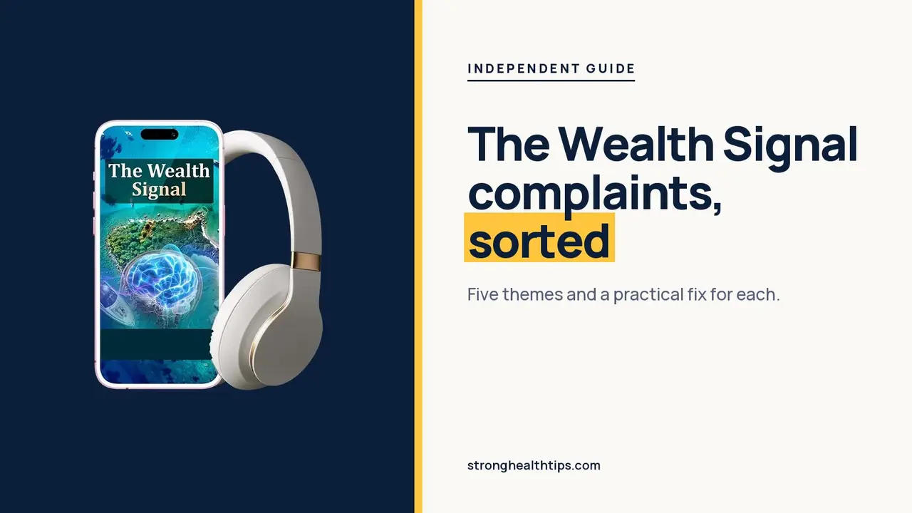 The Wealth Signal reviews and complaints: five themes headline beside the phone and headphones mockup on navy