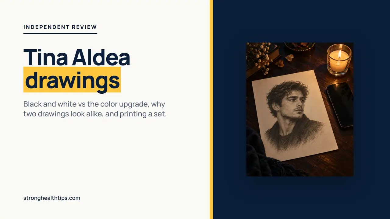 Tina Aldea drawings: pencil-style sketch of a fictional man's face on paper, lying on a candlelit wooden desk next to a phone