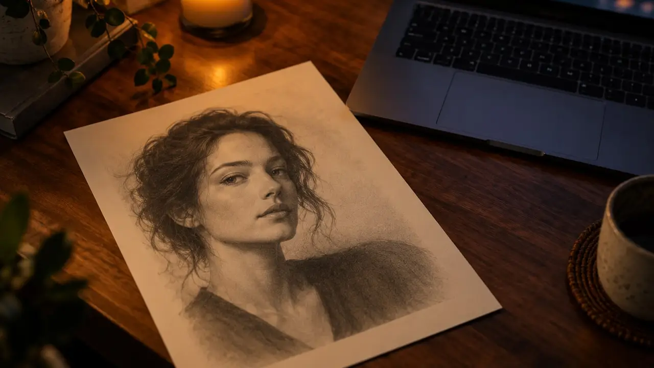 Tina Aldea soulmate drawing: a printed pencil-style portrait of a fictional face on a wooden desk beside an open laptop, a lit candle and a cup of coffee