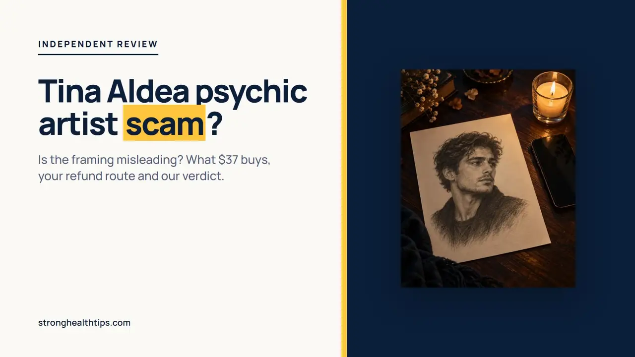 Tina Aldea psychic artist scam: pencil-style sketch of a fictional man's face on a candlelit wooden desk with a phone