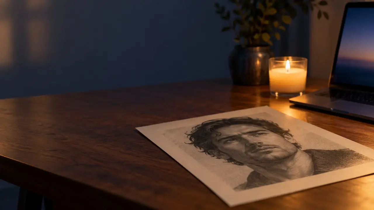 Tina Aldea reviews: a printed pencil-style portrait of a fictional face lying on a wooden desk beside an open laptop and a lit candle