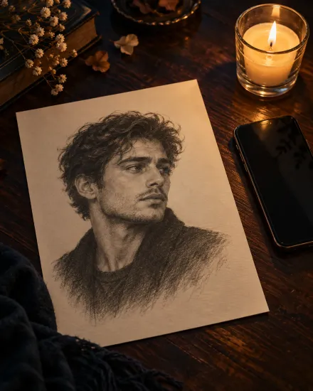 Illustration of a printed pencil-style portrait of a fictional man on a desk with a candle and a phone, made by us, not the seller's sketch