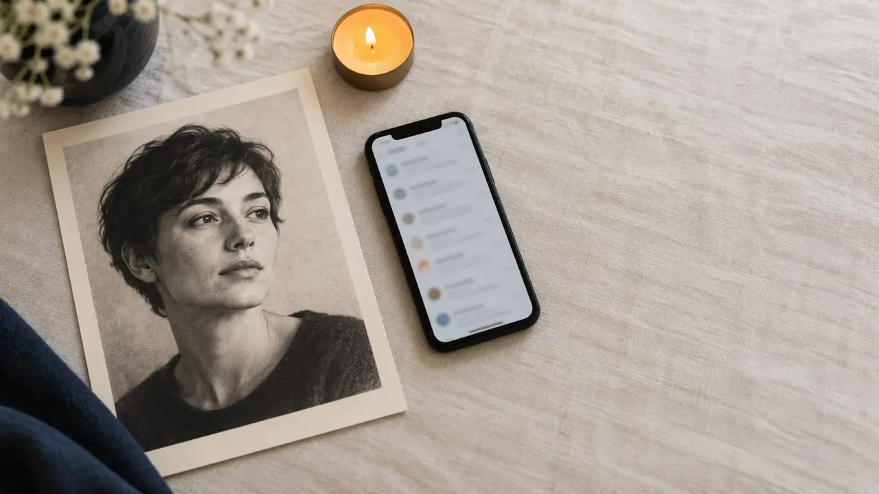 Tina Aldea soulmate sketch: a printed pencil-style portrait of a fictional face on cream paper next to a smartphone showing an email and a small candle