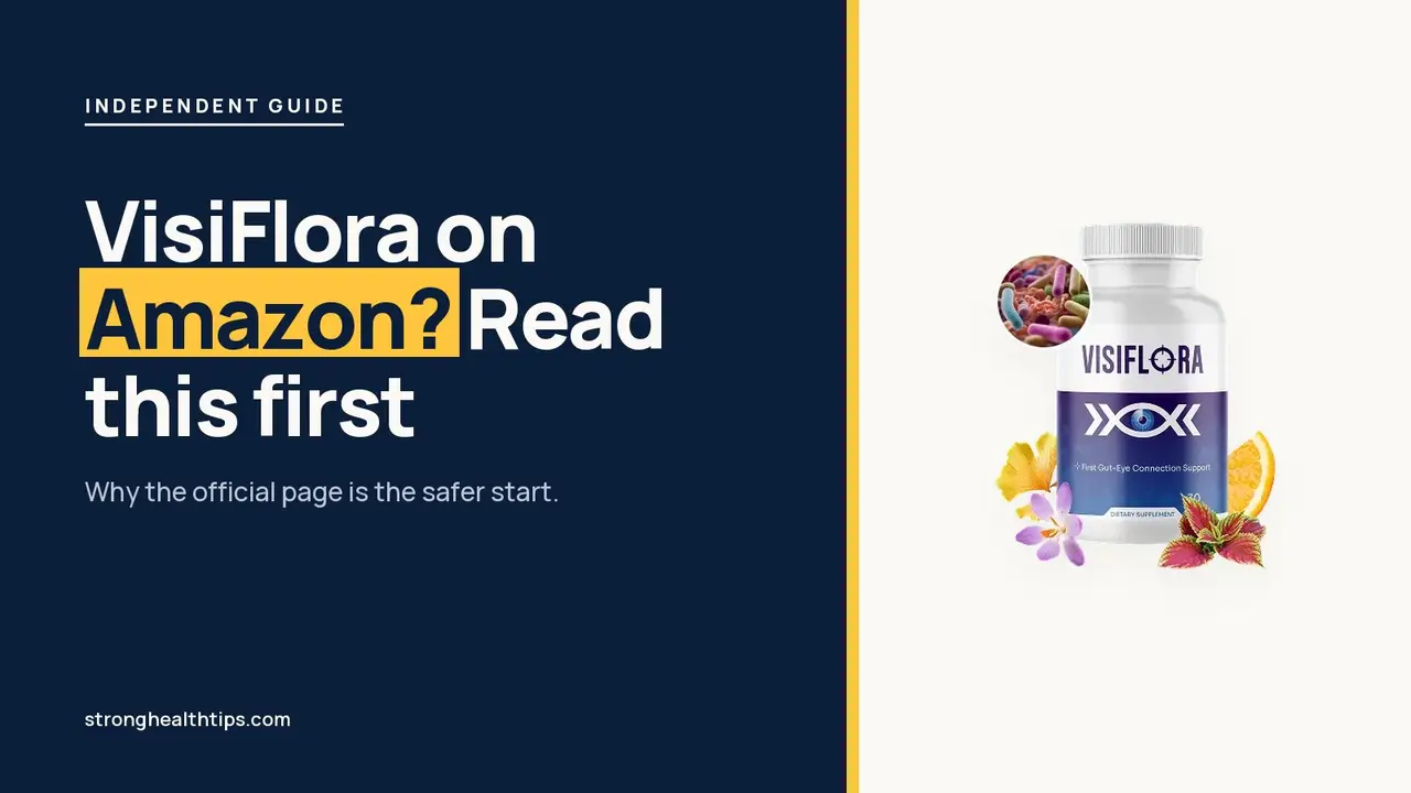VisiFlora on Amazon: headline beside the two-bottle VisiFlora package on a navy panel with a yellow edge