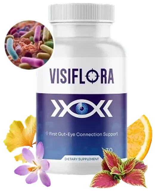 VisiFlora bottle with an eye logo, 30 capsules, dietary supplement, next to a ginkgo leaf and flowers