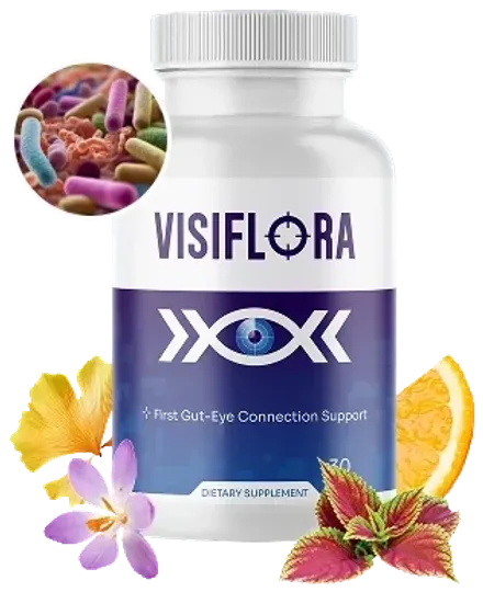 VisiFlora bottle with an eye logo, 30 capsules, dietary supplement, next to a ginkgo leaf and flowers