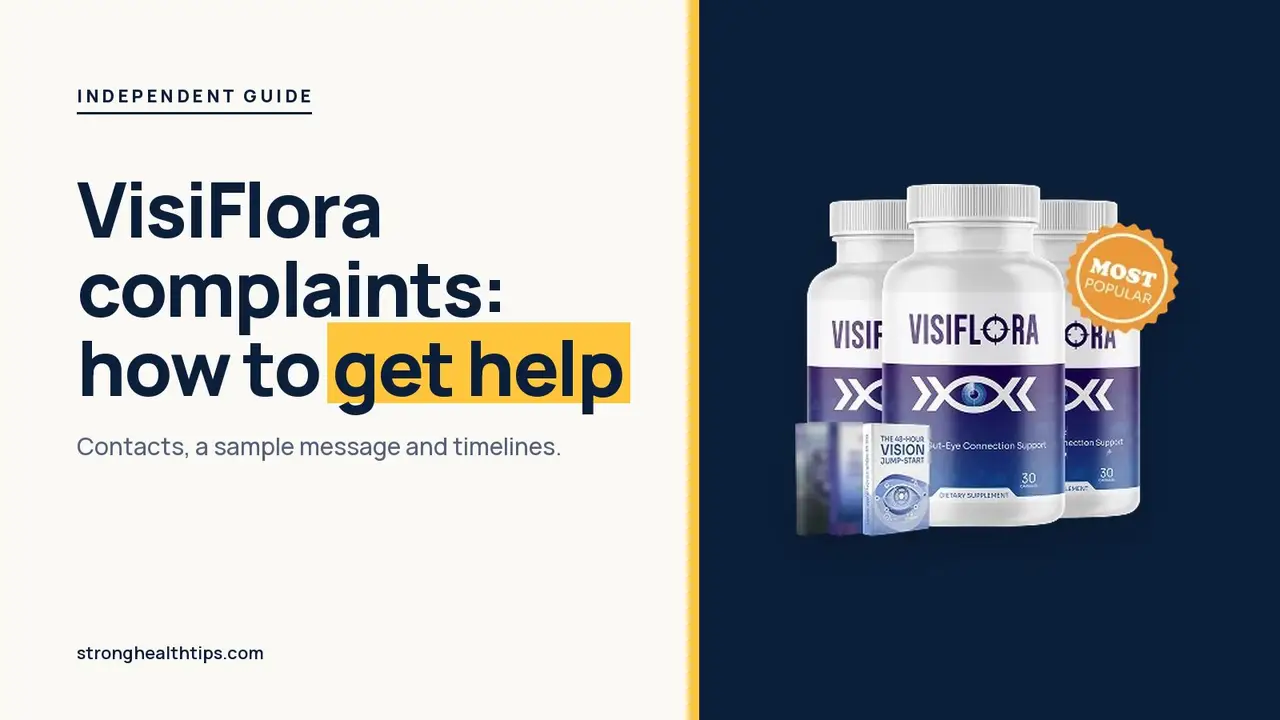 VisiFlora complaints: headline beside the two-bottle VisiFlora package on a warm white panel with a yellow bar
