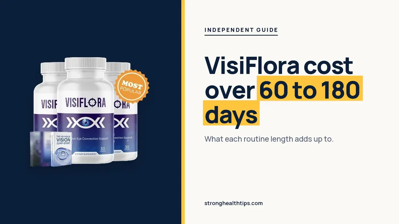 VisiFlora cost: headline beside the three-bottle VisiFlora package on a warm white panel with a yellow bar