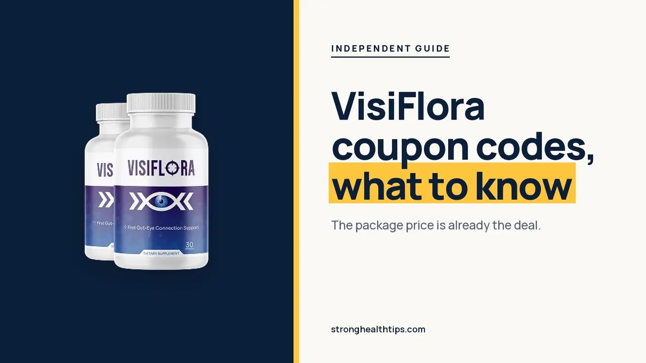 VisiFlora coupon codes: headline beside the three-bottle VisiFlora package on a warm white panel with a yellow bar