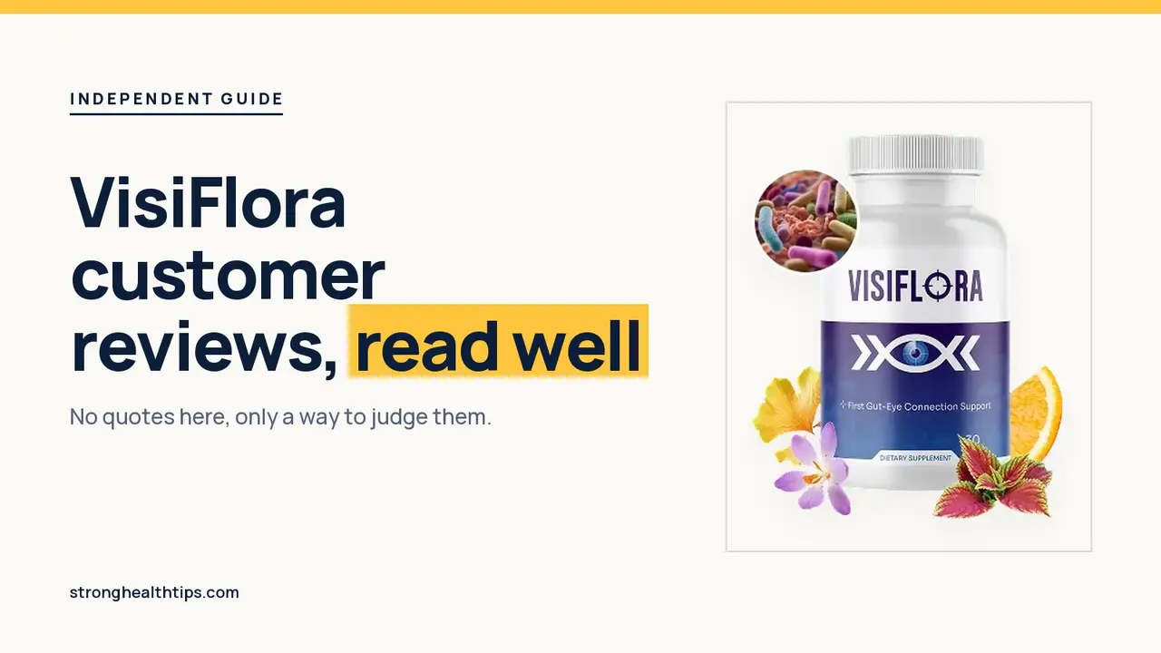 VisiFlora customer reviews: headline beside a VisiFlora bottle on a navy panel with a yellow edge