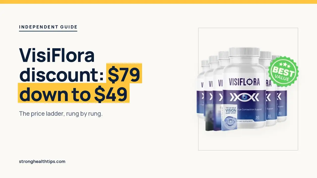 VisiFlora discount: headline beside the six-bottle VisiFlora package with its best value label on a navy panel