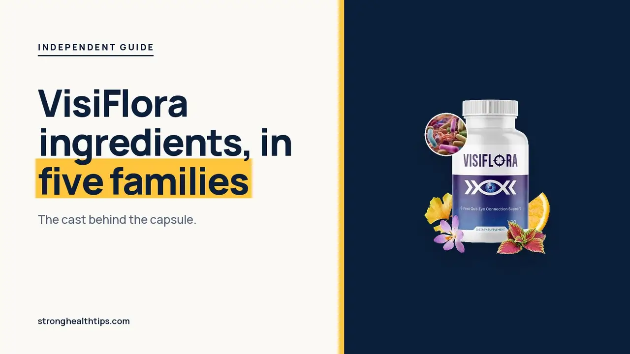 VisiFlora ingredients explained: headline beside the VisiFlora supplement-facts label and bottle on a navy background