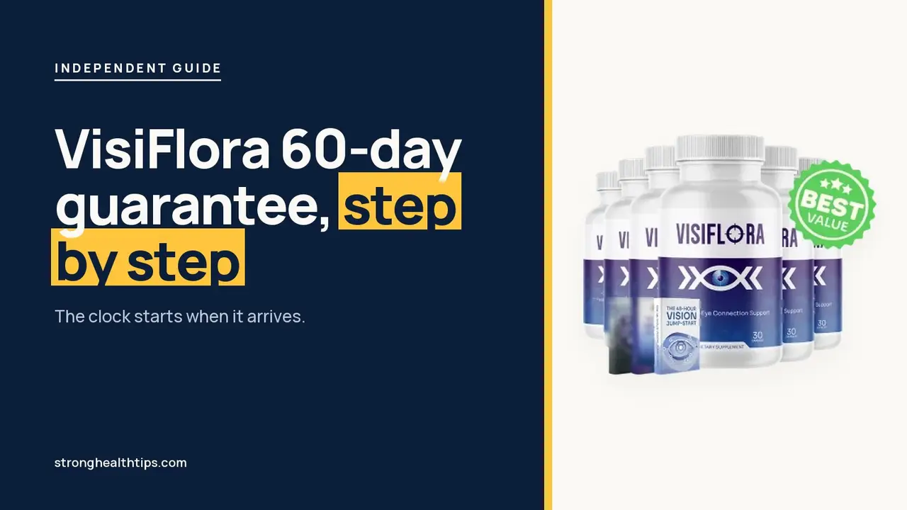 VisiFlora money-back guarantee: headline beside the 60-day guarantee seal and a VisiFlora bottle on a navy panel