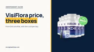 VisiFlora price: headline beside the six-bottle VisiFlora package priced from $49 a bottle on a navy panel