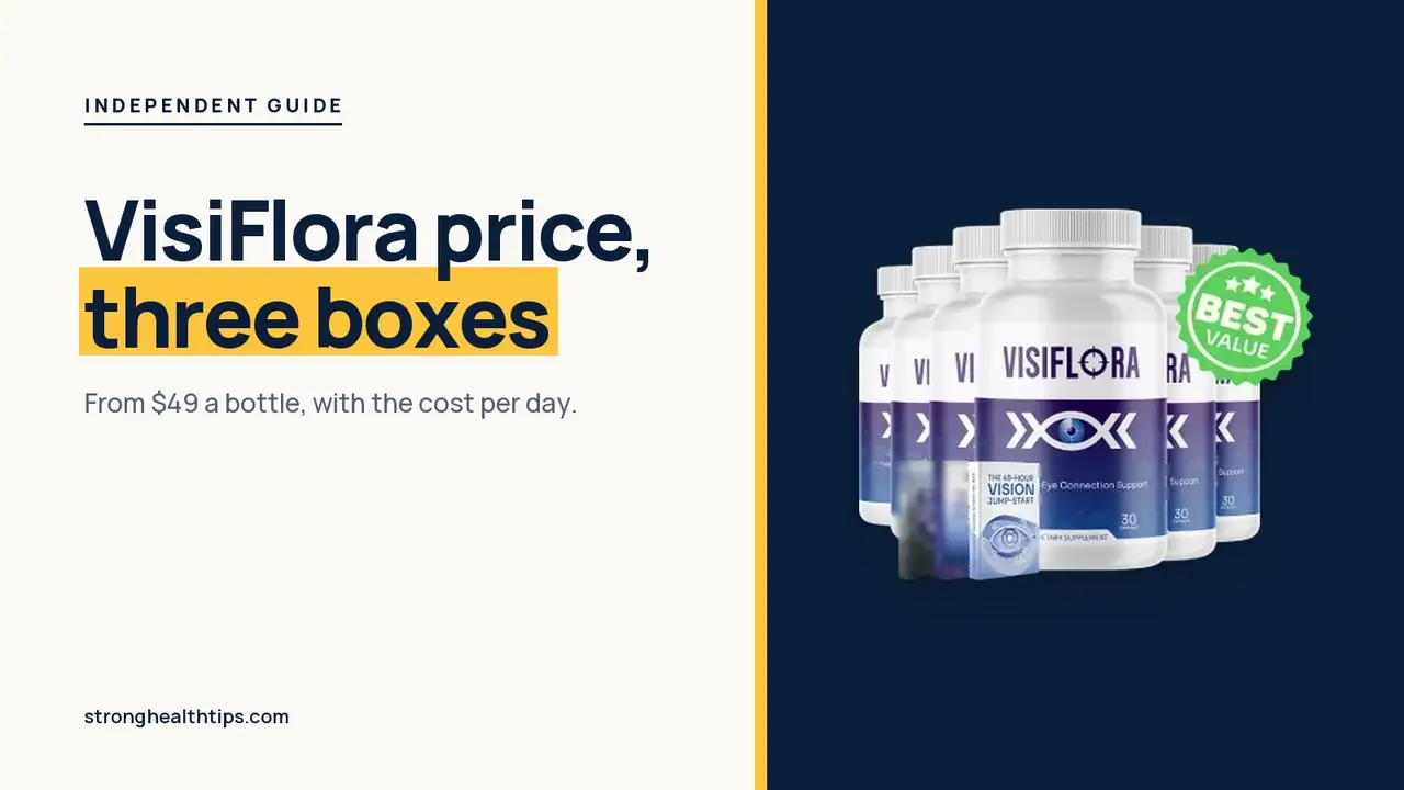 VisiFlora price: headline beside the six-bottle VisiFlora package priced from $49 a bottle on a navy panel