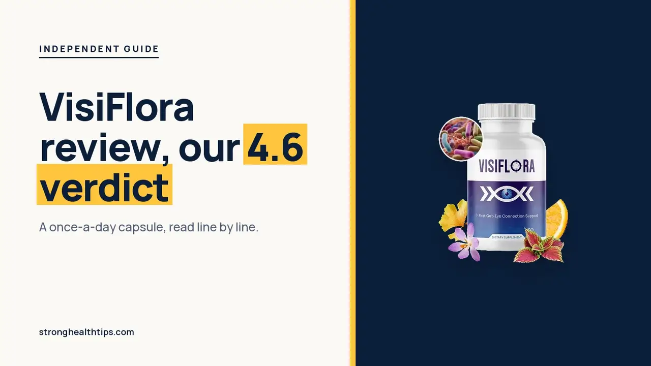 VisiFlora review: headline beside a single VisiFlora bottle on a navy panel with a yellow edge
