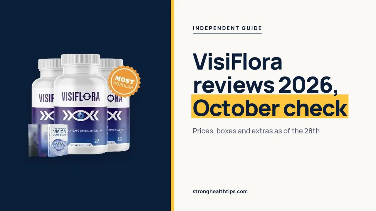 VisiFlora reviews 2026: headline beside the three-bottle VisiFlora package with its e-books on a warm white panel