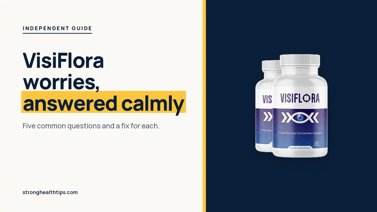 VisiFlora reviews and complaints: headline beside the two-bottle VisiFlora package on a navy panel with a yellow edge