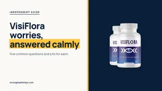 VisiFlora reviews and complaints: headline beside the two-bottle VisiFlora package on a navy panel with a yellow edge