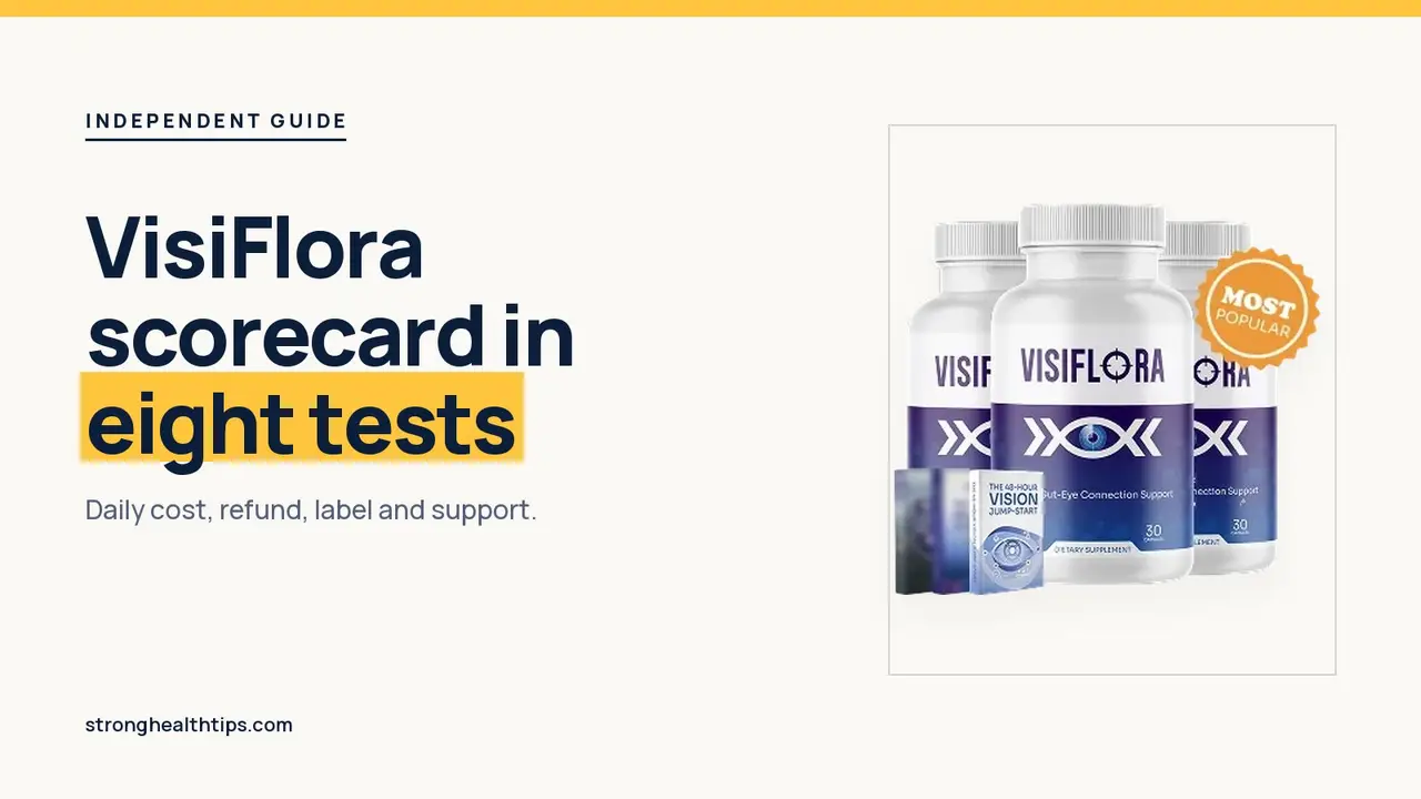 VisiFlora reviews consumer reports style: headline beside the six-bottle VisiFlora package on a warm white panel