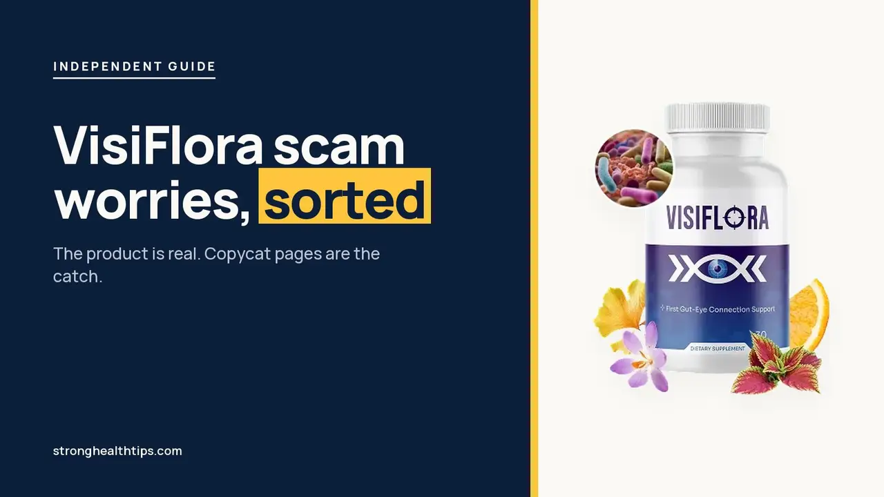 VisiFlora scam worries: headline beside the six-bottle VisiFlora package on a navy panel with a yellow edge