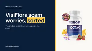 VisiFlora scam worries: headline beside the six-bottle VisiFlora package on a navy panel with a yellow edge
