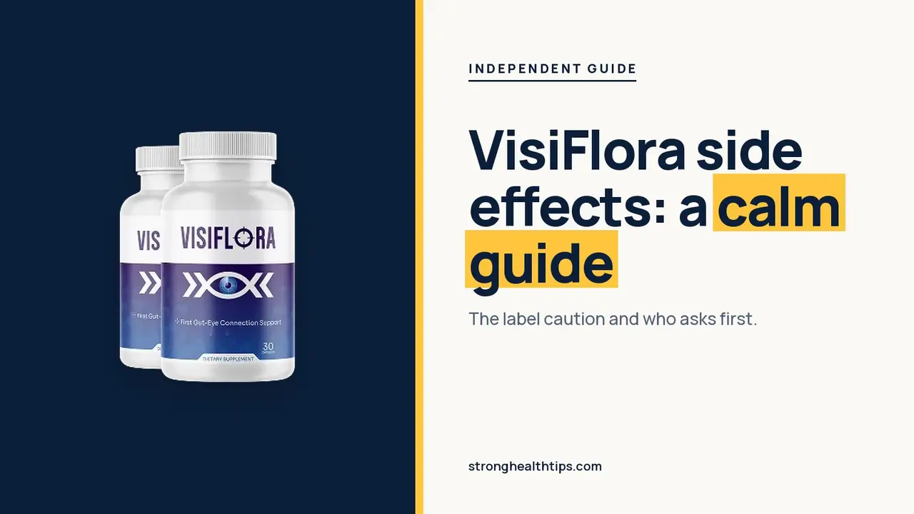 VisiFlora side effects: headline beside the VisiFlora bottle on a navy panel with a yellow edge