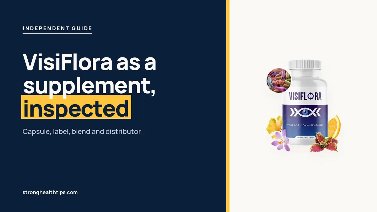 VisiFlora supplement reviews: headline beside the supplement-facts panel and a VisiFlora bottle on a navy background