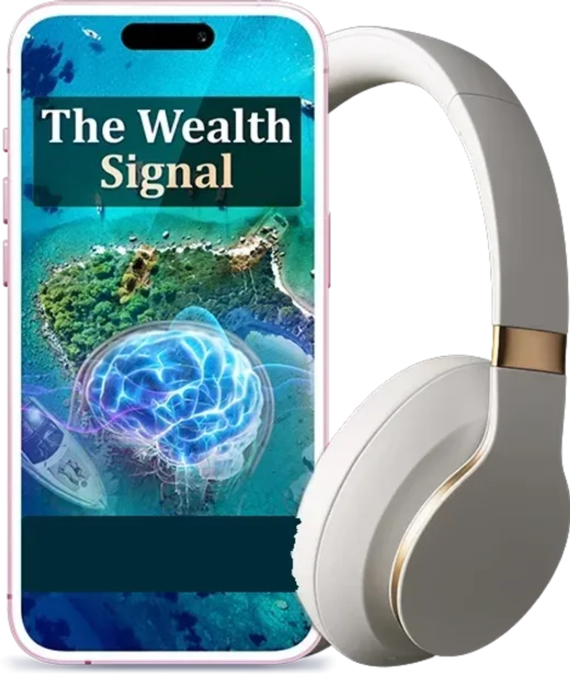 Mockup of The Wealth Signal digital audio: a phone showing the cover beside cream over-ear headphones