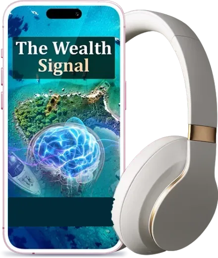 Mockup of The Wealth Signal digital audio: a phone showing the cover beside cream over-ear headphones