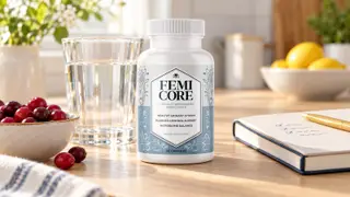 What are the benefits of FemiCore: the bottle on a light wooden kitchen counter next to a glass of water