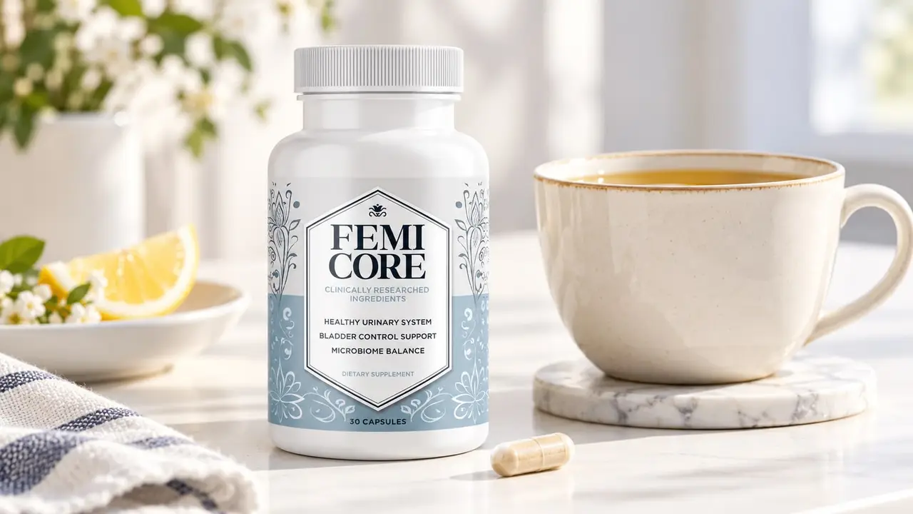 What is FemiCore: a single FemiCore bottle with one capsule beside it on a bright white tabletop next to a cup of morning tea