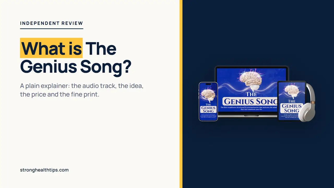 What is The Genius Song: headline beside a device mockup of the audio track on a navy panel