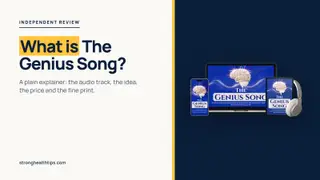 What is The Genius Song: headline beside a device mockup of the audio track on a navy panel