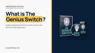 What is The Genius Switch: headline beside a product mockup of The Genius Switch audio track on a navy panel