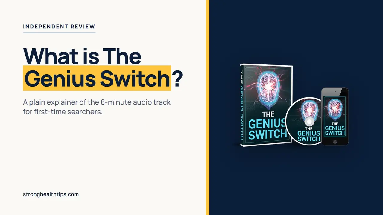 What is The Genius Switch: headline beside a product mockup of The Genius Switch audio track on a navy panel