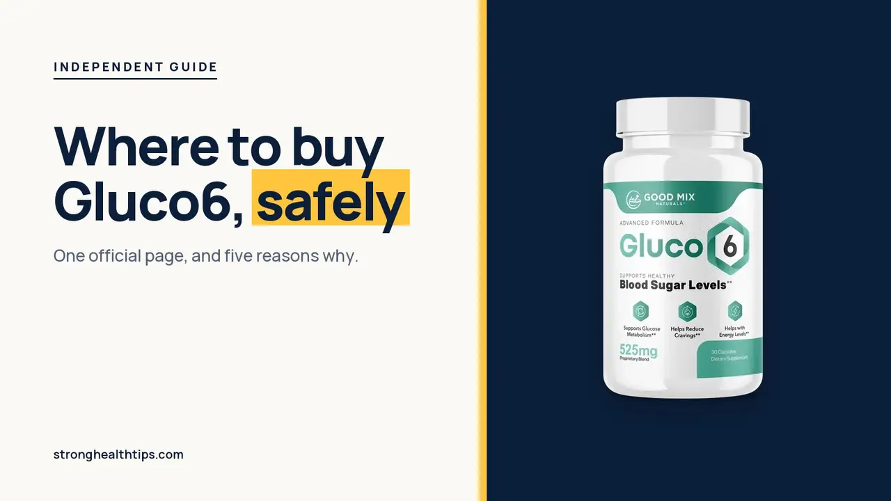 Where to buy Gluco6: headline beside the Gluco6 bottle on a navy panel with a yellow edge