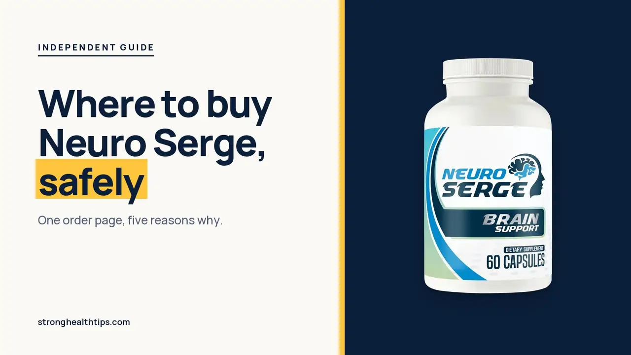 Where to buy Neuro Serge: headline beside a Neuro Serge bottle on a navy panel with a yellow edge