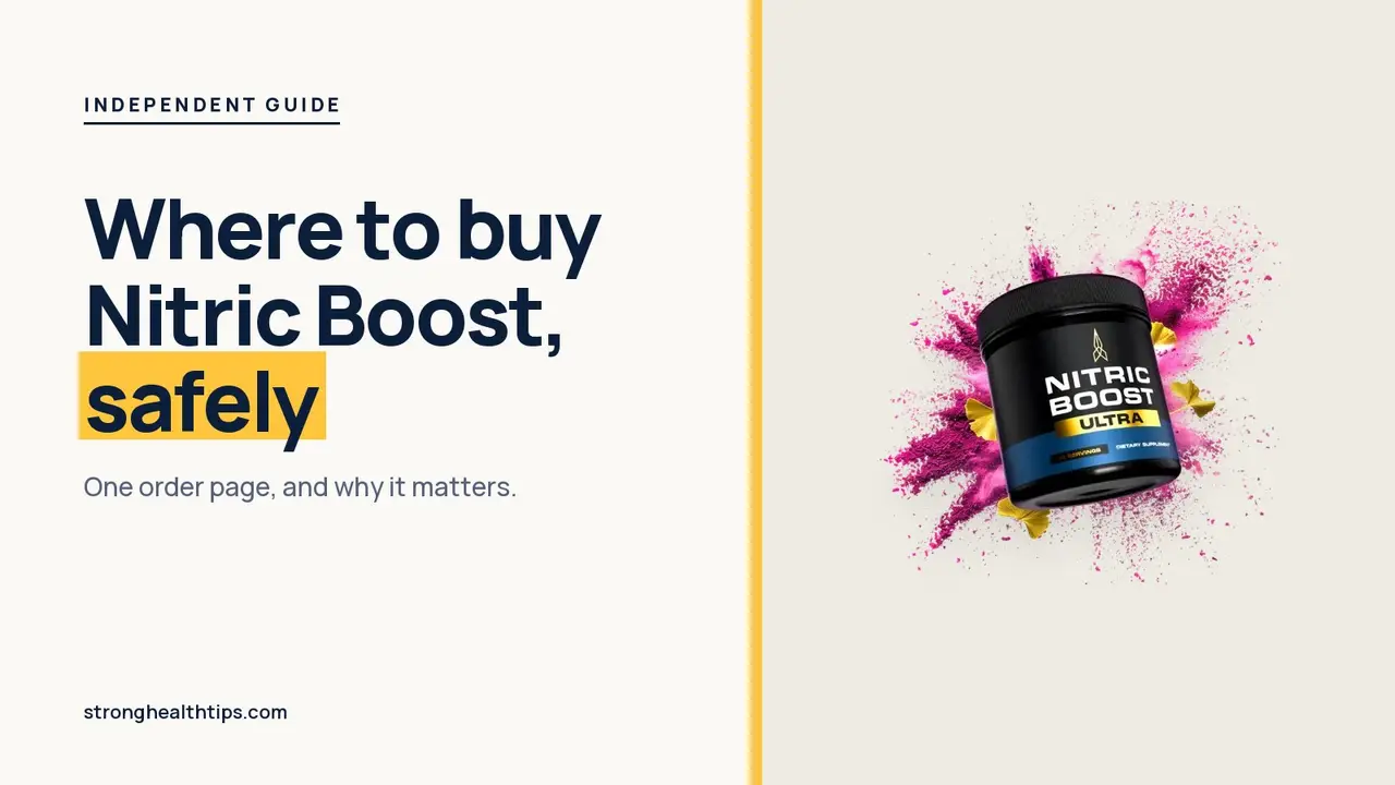 Where to buy Nitric Boost: a Nitric Boost Ultra jar beside a headline about the one safe order page on a navy panel